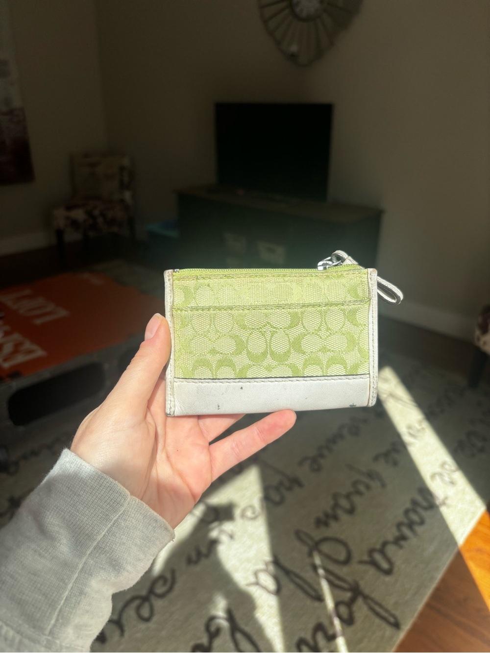 Coach Light Green Signature Card Case with Silver Trim